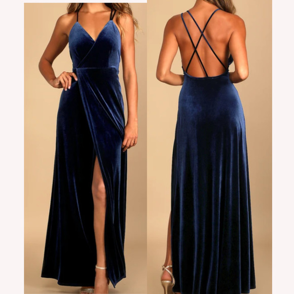 LULU'S SZ S Whimsical Romance Dark Blue Velvet Faux-Wrap Maxi Dress NEW B38 - Picture 1 of 10